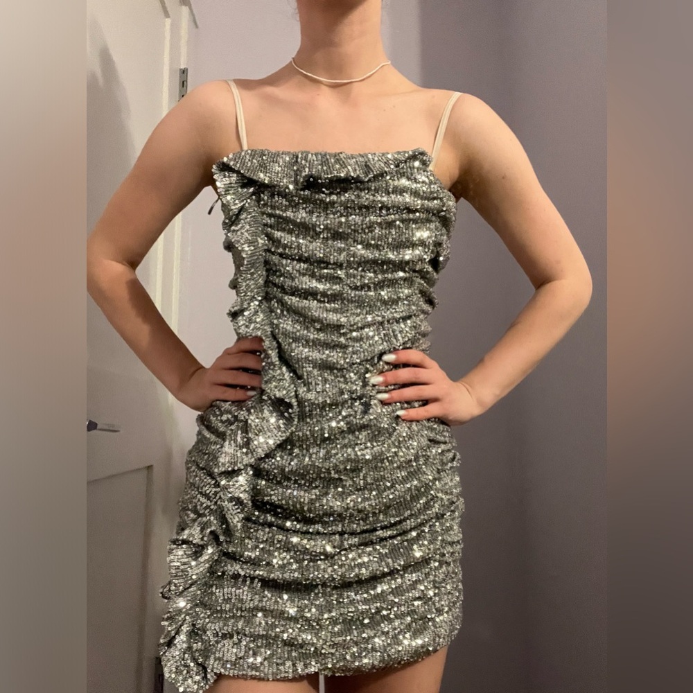 Silver sparkly strapless mini dress